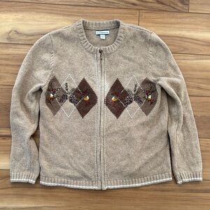 Croft & Barrow Tam Zip-Up Sweater with Birds and Argyle Design Cottagecore
